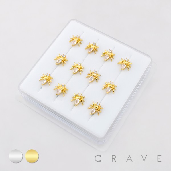 12PCS OF CZ SPIDER 316L SURGICAL STEEL L-SHAPE NOSE RING BOX